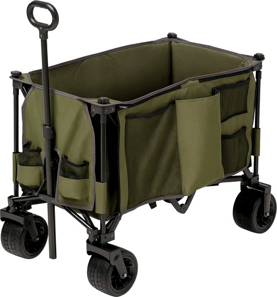 Opvouwbare Bolderwagen voor Buiten - Ruime Tuin- en Kampeerwagen met Grote Wielen, Compact Op te Bergen voor Strand, Tuinwerkzaamheden en Boodschappen, Olijfgroen
