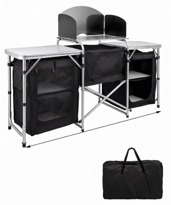 Opvouwbare Camping Keukentafel met Aluminium X-frame - Draagbaar Kookstation met Opbergruimte- BBQ & Picknick Tafelblad - MDF en Oxford Tas - Zwart