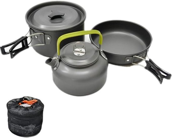 Opvouwbare camping kookset voor 2-3 personen - pannenset met steelpan, pan en theepot