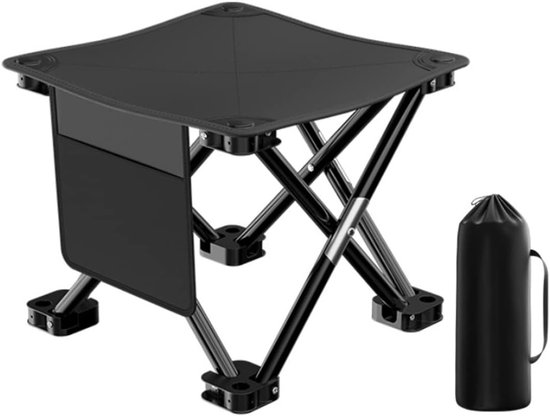 Opvouwbare Camping Kruk - Draagbare Stoel - Buitenactiviteiten Genieten - Met Handig Zijvak - 180kg Draagvermogen - Zwart