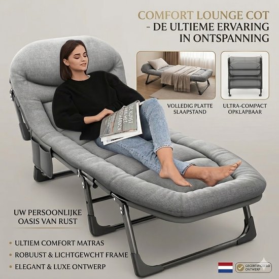 Opvouwbare Camping Ligstoel met Matras – Draagbaar Gastenbed 200kg Draagvermogen – Verstelbaar Lounger Bed voor Tuin, Kantoor & Reizen