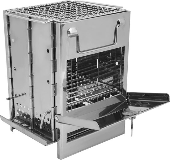 Opvouwbare campingkachel van roestvrij staal - houtgestookt en draagbaar - noodgrill voor survival - geschikt voor wandelen, kamperen en barbecueën van Merkloos
