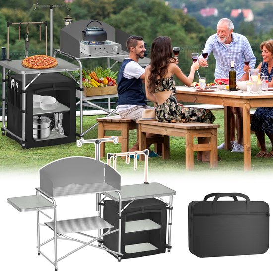 Opvouwbare campingkast, campingkeuken, campingkeukentafel, keukenkast met 3 werkbladen, lichtstandaard, afneembare voorruit en draagtas voor camping, strand, reizen van Merkloos