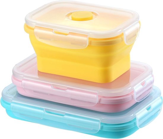 Opvouwbare Campingkommen - Platte Lunchboxen - Voedsel Bewaren - Lekvrij en Vershoudend - 350 550 800 ml - Geel Roze Mint