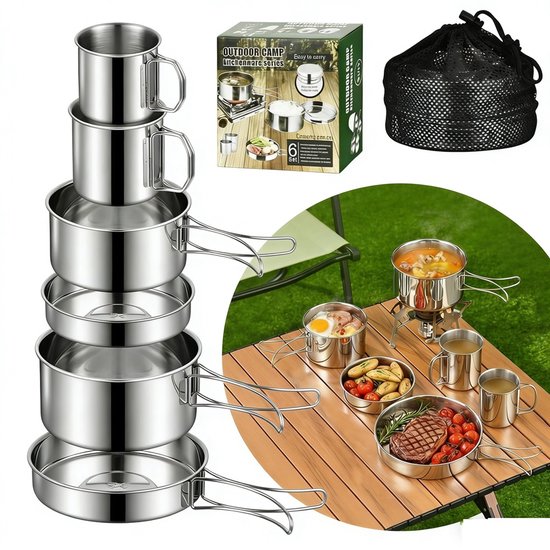Opvouwbare campingpannen set (6-delig)- Camping Kookset 2-3 Personen – RVS 304 – Opvouwbaar & Lichtgewicht – Inclusief Pannen, Koekenpan, Bekers & Opbergtas van Merkloos