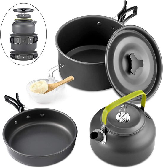 Opvouwbare campingpannen - voor 2-3 personen Buitenpicknick Kamperen Wandelen - Roestvrij Staal Campingpot - Kookgerei - Kookset - Camping Pannenset - Outdoor Cooking - Kookgerei servies - Keukengerei set - Camping Kookset van Merkloos