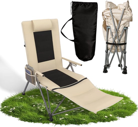 Opvouwbare Campingstoel 2-in-1 – Gevoerde Stof – Strandstoel met Voetensteun – Verstelbare Rug – 150 kg – Creme van Merkloos