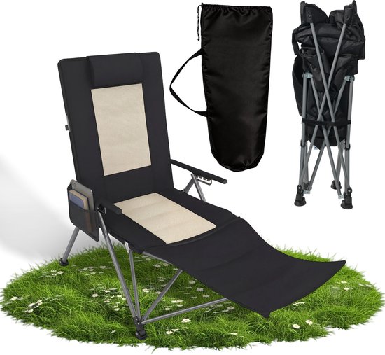 Opvouwbare Campingstoel 2-in-1 – Gevoerde Stof – Strandstoel met Voetensteun – Verstelbare Rug – 150 kg – Zwart van Merkloos