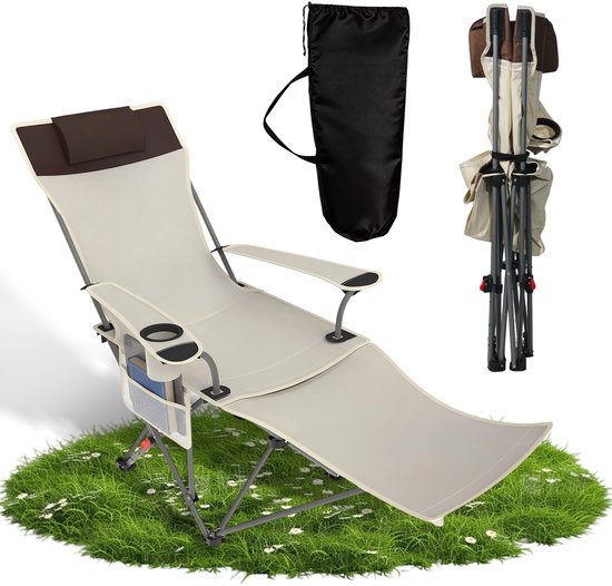Opvouwbare Campingstoel 2-in-1– Strandstoel met Voetensteun – Verstelbare Rug – 150 kg – Creme