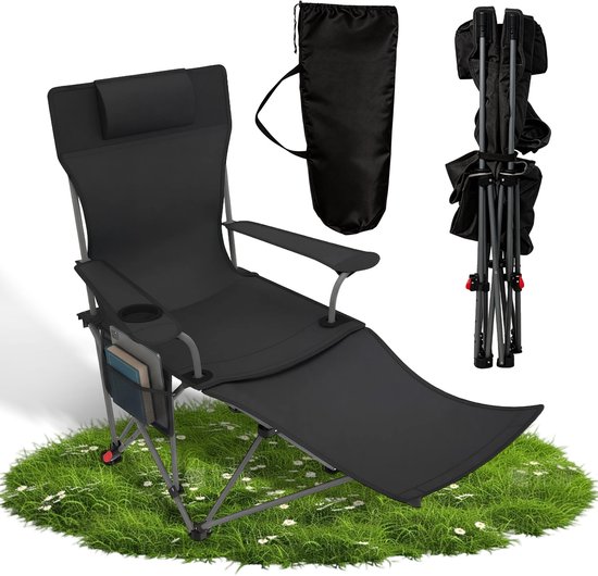 Opvouwbare Campingstoel 2-in-1– Strandstoel met Voetensteun – Verstelbare Rug – 150 kg – Zwart van Merkloos