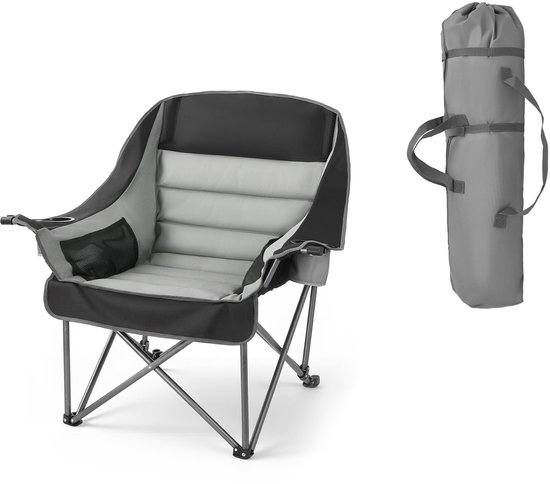 Opvouwbare Campingstoel (Extra Groot) met Een Draagvermogen tot 204 Kg, Voorzien van Twee Houders voor Bekers en Wijnglazen. Ideaal voor Buitenactiviteiten zoals Vissen en Barbecueën,Verkrijgbaar in Zwart en Grijs, 1 Stuk