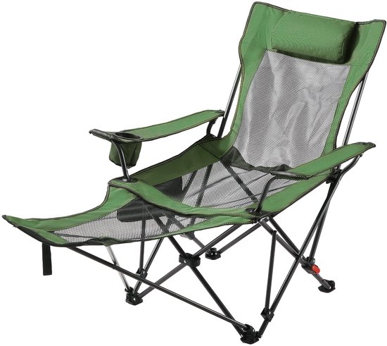Opvouwbare Campingstoel met 4 Verstelbare Posities, Comfortabele Stoel met Bekerhouder, Mesh Strandstoel met Hoofd- en Voetensteun, Draagkracht tot 100 kg, Ideaal voor Buitenkamperen, Groen