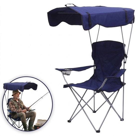 Opvouwbare Campingstoel met Zonnedak – Lichtgewicht Strandstoel met Bekerhouder – Draagbare Vouwstoel – 120 kg Belastbaar – Ideaal voor Strand, Camping & Tuin van Merkloos