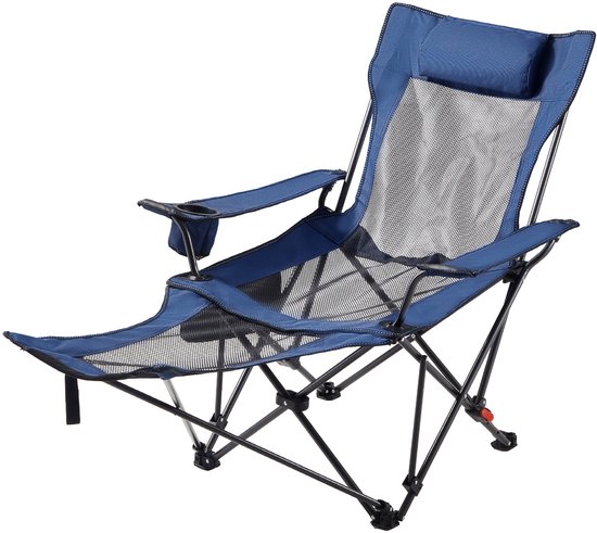 Opvouwbare campingstoel, relaxstoel met 4 verstelbare standen, comfortabele stoel met bekerhouder, strandstoel van ademend mesh met hoofdsteun en voetensteun, draagvermogen tot 100 kg, ideaal voor buitenactiviteiten, blauw