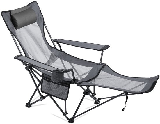 Opvouwbare campingstoel - Relaxstoel/strandstoel - Verstelbare rugleuning (4 standen) - Bekerhouder - Ademend gaas - Hoofd- en voetensteun - Draagvermogen 100 kg - Grijs