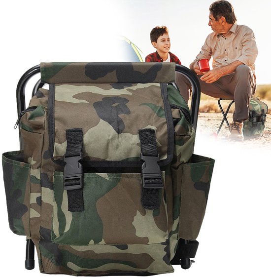 Opvouwbare Campingstoel Rugzak - Met Geïsoleerde Picknicktas - Camouflage Draagbare Wandelzit Tafel Tas - voor Buiten Binnen Vissen Reizen Strand BBQ