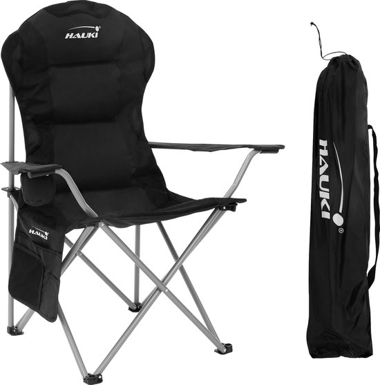 Opvouwbare campingstoel tot 150 kg zwart met bekerhouder incl. draagtas Hauki