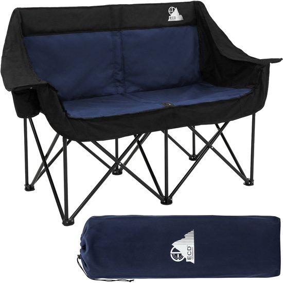 Opvouwbare campingstoel voor 2 personen tot 200 kg blauw met bekerhouder en draagtas, dubbele opvouwbare stoel