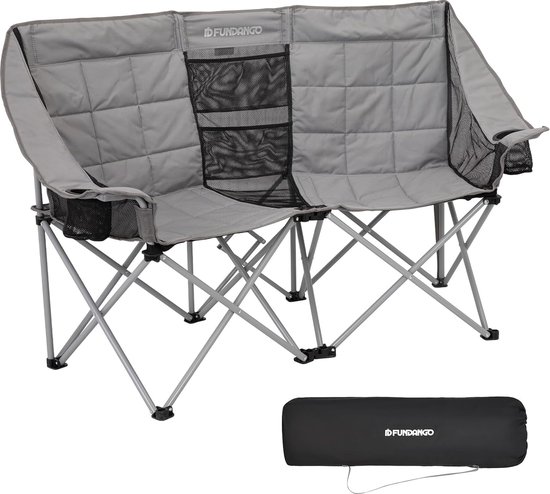 Opvouwbare Campingstoel voor 2 Personen, XXL 2-zits, Campingbank, Stoel met Hoge Rugleuning, Gewatteerd, Extra Lang voor Buiten, Tuin, Balkon, Binnen, Campingstoel, 200 kg Draagvermogen, Grijs van Nexos