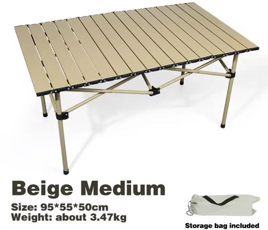 Opvouwbare Campingtafel 95 cm – Lichtgewicht en Duurzaam – Beige – Outdoor Inklapbare Tafel – Voor Tuin, Balkon, Strand & Kamperen – Verstelbare Veldtafel van Metaal van Merkloos
