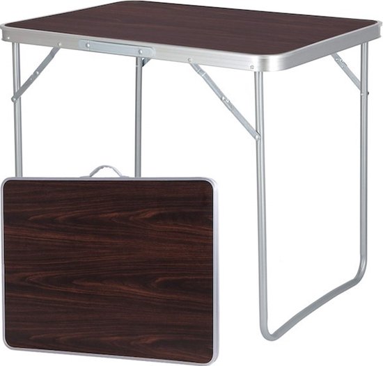 Opvouwbare Campingtafel - Bruin- Chroom - Draagbaar Door Handvat - Houten Look - 70x50x60 cm van Merkloos