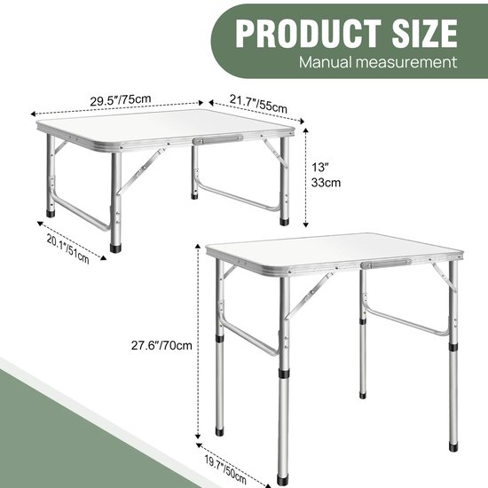 Opvouwbare Campingtafel – Lichtgewicht & Draagbaar – In Hoogte Verstelbaar Aluminium Tafel met Handvat – Opklapbare Picknicktafel voor Buiten, Kamperen & Reizen - 75 x 55 x 70 cm