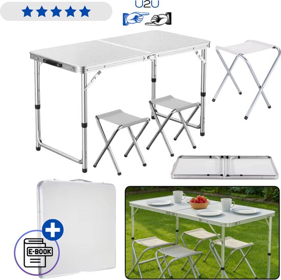 Opvouwbare campingtafel set met 4 stoelen – lichtgewicht aluminium tuinset als koffer, inklapbare kampeertafel 120x60 cm voor camping tuin balkon en reizen Met Ebook van Merkloos