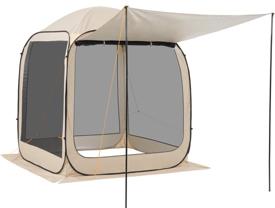 Opvouwbare Campingtent, 182,88 X 182,88 X 219,4 cm, Tent met Uitschuifbare Luifel, Geschikt voor 4-6 Personen, Inclusief Draagtas en Zijwanden, Ideaal voor Terras en Buitengebruik, Beige