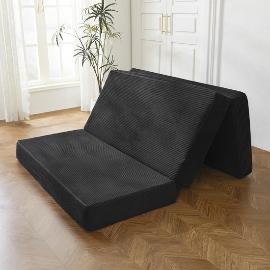 Opvouwbare Corduroy Matras - Drievoudig Gevouwen Vloermat - Dik, met Wasbare Overtrek - Ruimtebesparend voor Gasten (zwart, 135 x 190 cm - 10 cm)