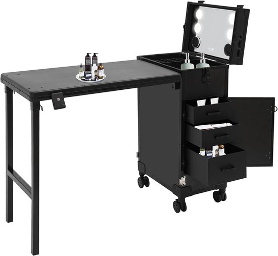 Opvouwbare cosmeticakoffer, met tafel, drievoudige zekering, 1 groot vak, 3 laden, cosmeticakoffer, trolley met lichtspiegel, beauty-trolley met wielen (zwart)