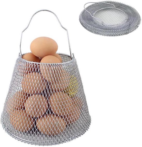 Opvouwbare Eiermand - Metalen mand - Eieren verzamelen - Met handvat - 21 cm - Zilver