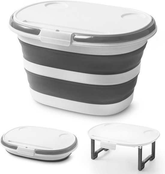 Opvouwbare emmer - Siliconen bak - Ruimtebesparend opbergen - Multifunctioneel deksel - 16 liter - Grijs/Wit