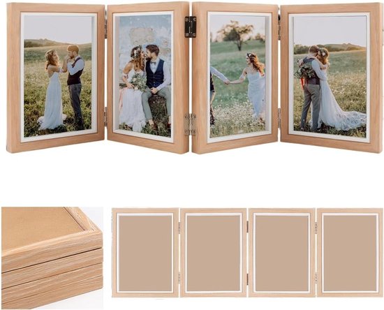 Opvouwbare fotolijst 10 x 15 cm voor 4 foto's: inklapbare houten fotolijst voor meerdere foto's, inklapbare fotolijst met front houten fotolijst voor kantoor, familie, verjaardag, bruiloft, bureau