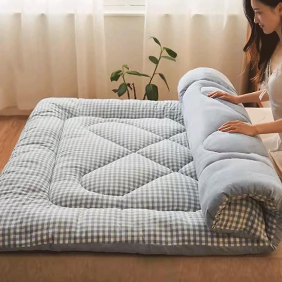 Opvouwbare futonmatras - Japanse slaapmat - Comfortabel slapen - Ademend katoen - 90 x 200 cm - Blauw raster
