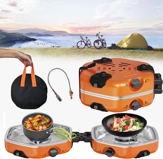 Opvouwbare Gaskookplaat - Campingfornuis Grill - Buiten Koken - Dubbele Branders Grill - 17000 Btu - Oranje