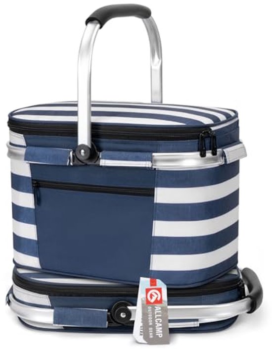 Opvouwbare Geïsoleerde Koeltas voor Picknick en Boodschappen - 22 Liter Capaciteit, Lichtgewicht met Aluminium Frame, Blauw/Wit van Merkloos