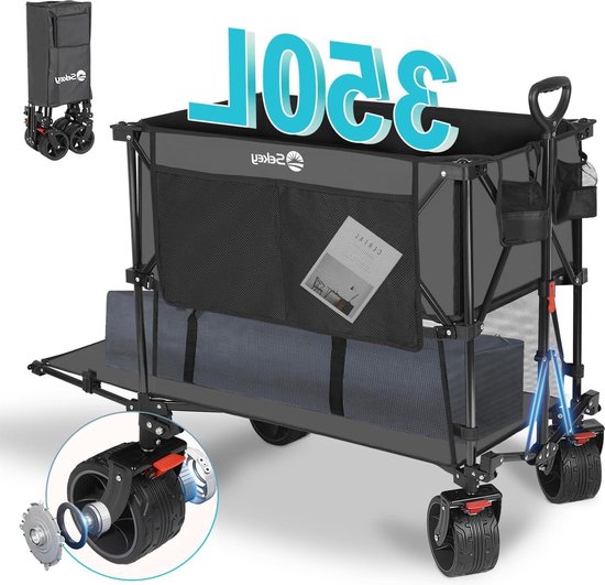 Opvouwbare handkar 350L met brede banden 17x10cm 150KG strandkar transportkar - Grijs Bolderkar van Merkloos