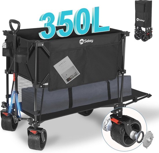 Opvouwbare handkar 350L met extra brede banden - 150KG capaciteit - Strandkar & transportkar - Zwart van Craftmax