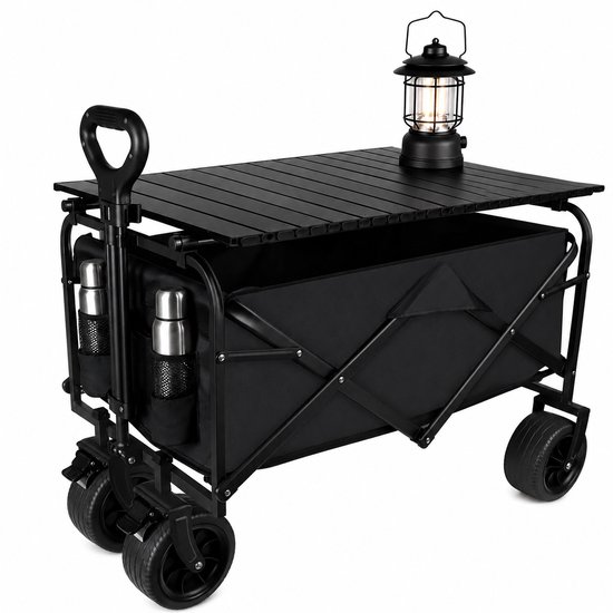 Opvouwbare Handkar - Campingwagen - Bolderkar voor Strand en Tuin - Opbergwagen met All Terrain Wielen - 600D Oxford Stof en Stalen Frame - Zwart - 150 Liter - Geschikt voor Kamperen en Boodschappen - Inklapbaar Ontwerp