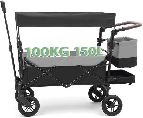 Opvouwbare Handkar met Dak 100kg 150L - Wielen met Rem, Verstelbaar Handvat - Voor Familiecamping, Winkelen en Tuinieren-zwart en grijs.