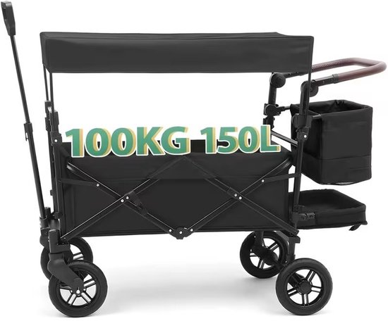 Opvouwbare Handkar met Dak 100kg 150L - Wielen met Rem, Verstelbaar Handvat - Voor Familiecamping, Winkelen en Tuinieren-Zwart.