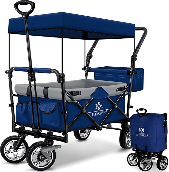 Opvouwbare Handkar Met Dak Handkar - Transportwagen - incl. 2X 3 puntsgordelsysteem - Opvouwbaar - Massief Rubberen Banden - Tot 80kg - Voor en Achterrem - Draagtas, Blauw/Grijs van Effenhout