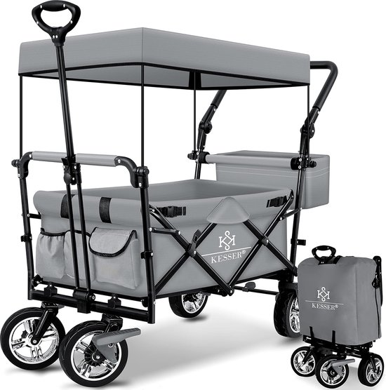 Opvouwbare Handkar Met Dak Handkar - Transportwagen - incl. 2X 3 puntsgordelsysteem - Opvouwbaar - Massief Rubberen Banden - Tot 80kg - Voor en Achterrem - Draagtas Grijs van RelaxZelf