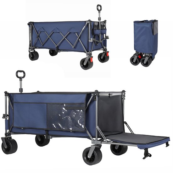 Opvouwbare handkar met extra brede 17x10 cm terreinwielen, 180 cm breed, 300L+120L laadruimte en achterklep, ideaal voor tuin, boodschappen, strand en buiten (Blauw)