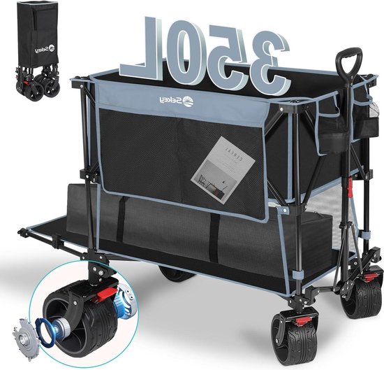 Opvouwbare handkar XXXXL 350L | Extra brede banden 17x10cm | 150KG | Strandkar transportkar opvouwbaar | 4 richtingen | 4XL-Double 4021 | Blauw Zwart van 4XL-Double