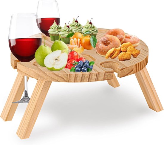 Opvouwbare Houten Picknicktafel met Wijnglashouder - Draagbare Wijntafel voor Camping, Tuin en Strand