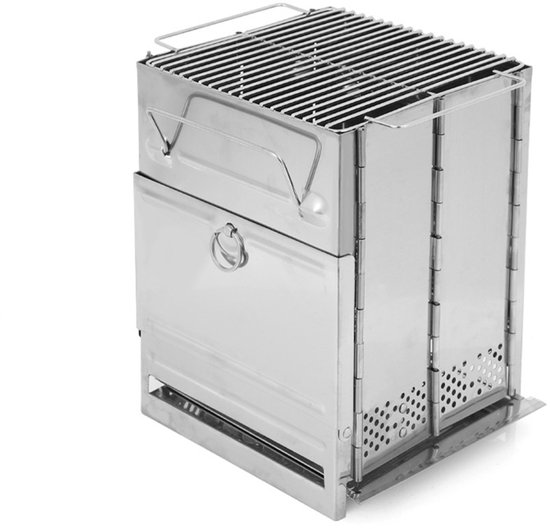 Opvouwbare houtkachel - Campingkachel - Barbecue - Roestvrijstalen grillrooster - 14*14*21 cm - Hittebestendig - Lichtgewicht en draagbaar - Geschikt voor wandelen, kamperen, picknicks en barbecues - Zilver van Merkloos