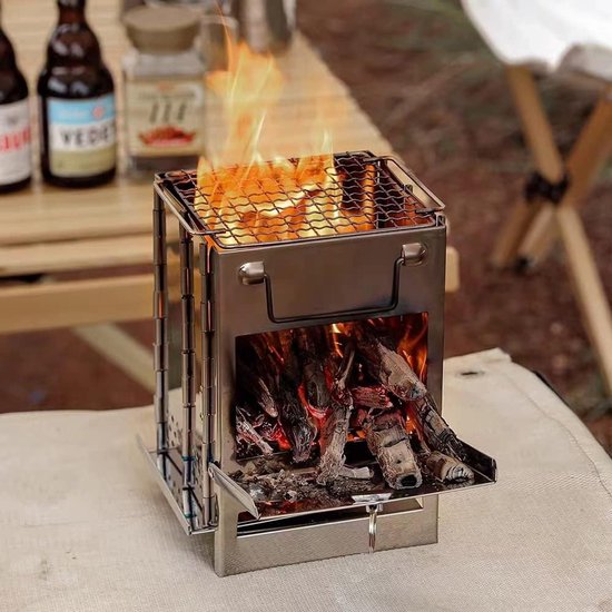 Opvouwbare Houtkachel - Met Grill Rooster - RVS Materiaal - Backpacking Kachel - Inclusief Blaaspijp en Opbergzak - Voor Lange Trektochten en Camping van Lusq.