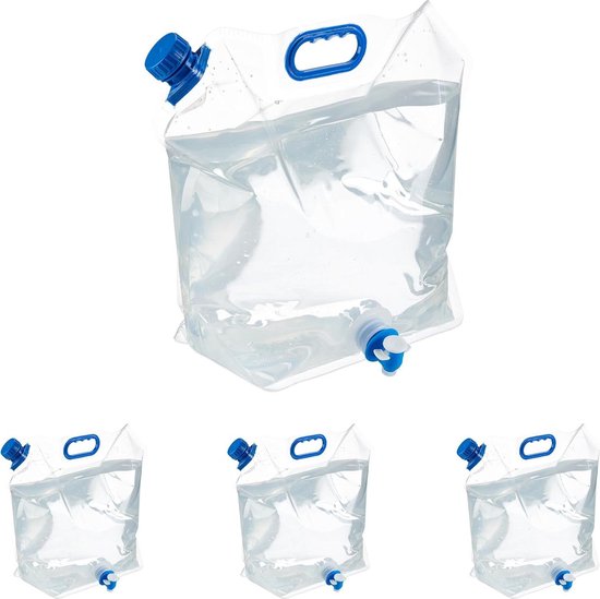 Opvouwbare jerrycan set - 4 stuks - 10 liter - kraan & handgreep - waterzak voor kamperen - transparant/blauw van $