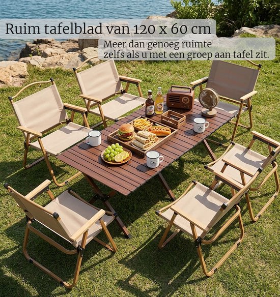 Opvouwbare Kampeerset voor 6 Personen - 120x60x45cm Campingtafel met 6 Stoelen - Roltafel - Kermitstoel - Buiteneettafel - Houtlook / Canvas - Draagbaar - Regisseursstoel - Relaxstoel voor buiten